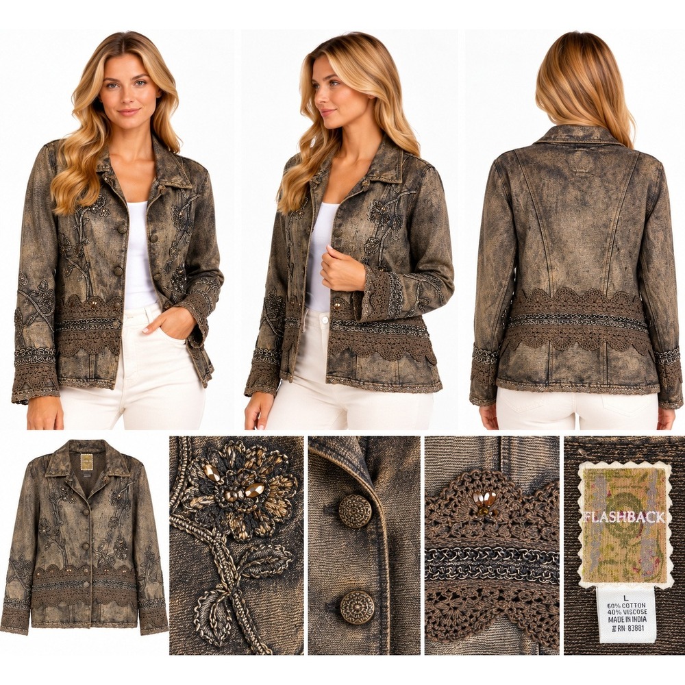 Flashback Womens L Bronze Brown Embroidered Jacket Crochet Lace Boho Artwear Top